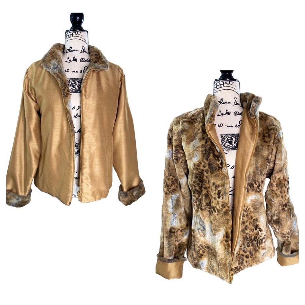 Boutique - Reversible Shantung Taffeta Brilliant Gold Ultra-Soft Faux Fur Coat M